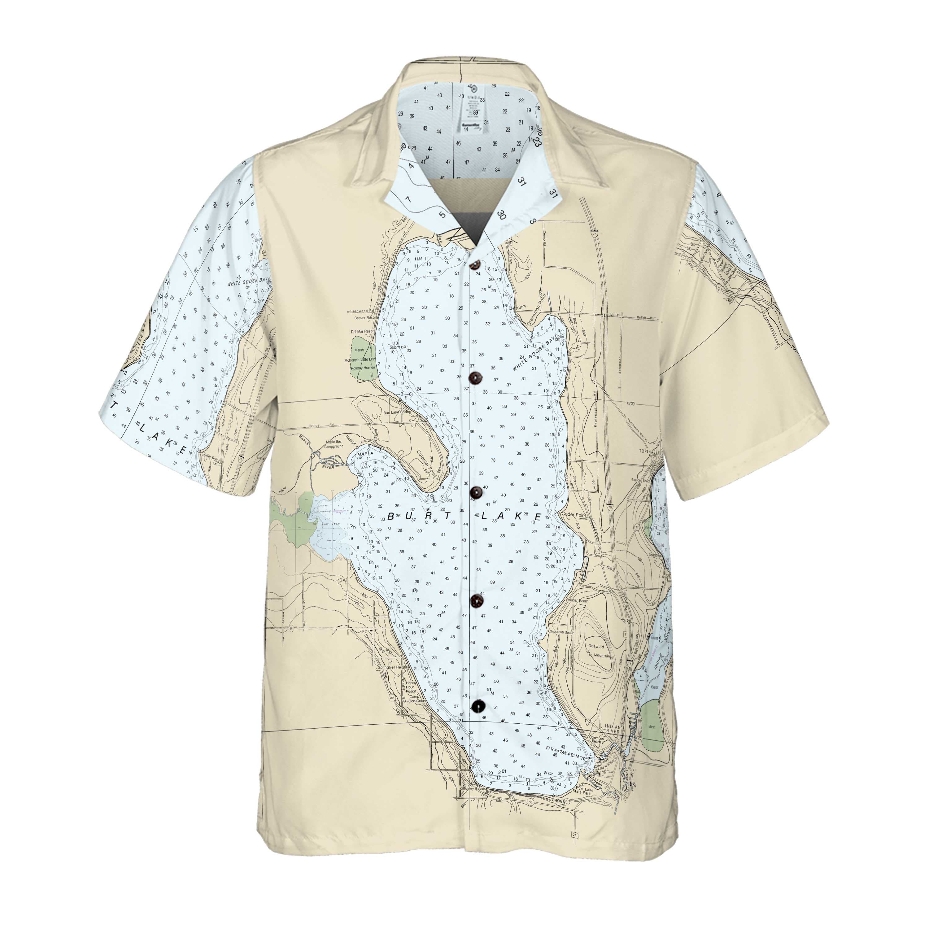 The Mullett and Burt Lakes Navigator Coconut Button Camp Shirt - Top ...